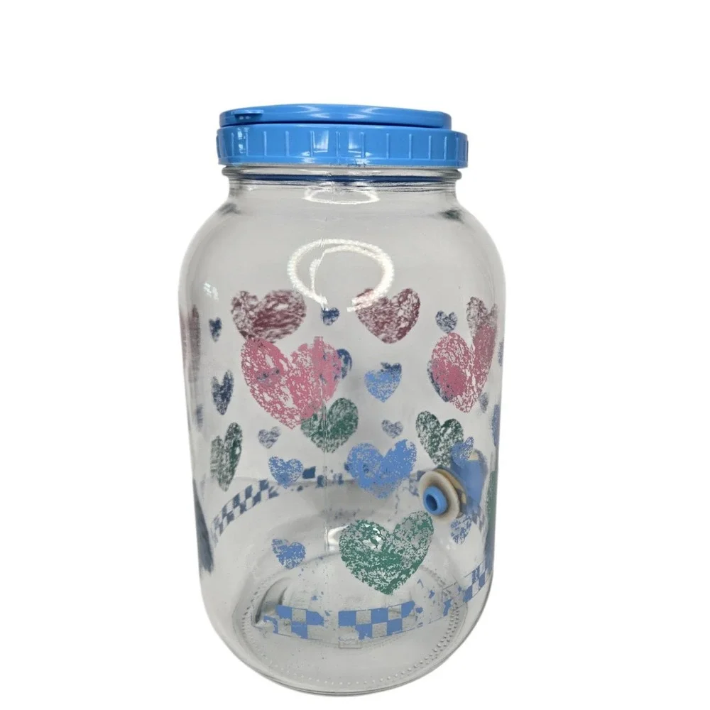 Country Hearts & Checkers Glass Sun Tea Jar W Blue Plastic Lid & Spigot Vtg 80s
